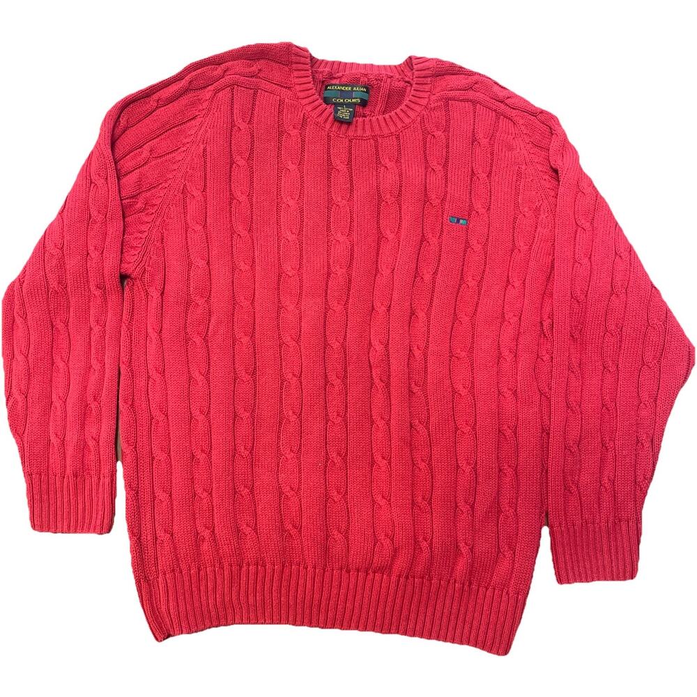 VTG‎ Alexander Julian Colours Men Cable Knit Red Pullover Sz Large Cozy Holiday